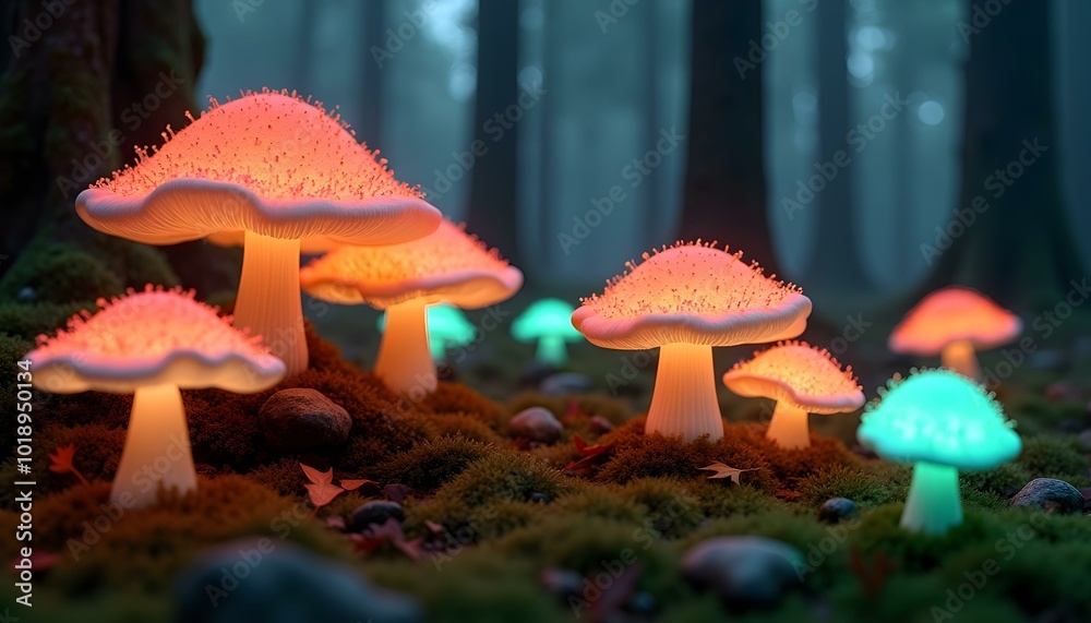 Fototapeta premium Luminous mushrooms light up a foggy forest floor at dusk, conjuring a magical atmosphere