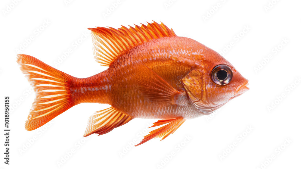 A small orange fish swimming in a white background A small orange fish swimming in a white background