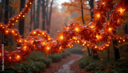 Warm lights illuminate a winding path surrounded by vibrant autumn foliage in the forest photo