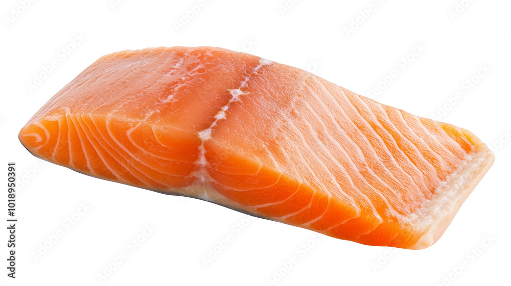 A piece of salmon is shown on a white background A piece of salmon is shown on a white background