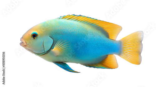 A blue and yellow fish swimming in a tank