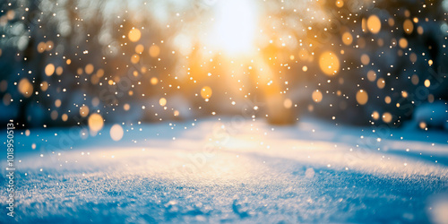 Winter snow background close up. Sunlight shining through winter forest with falling snowflakes and motion blur effect in cold natural beautiful landscape. banner format, copy space