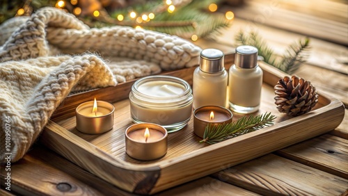  Spa candles and skincare products on wooden tray, winter skincare routine