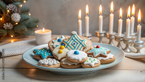 Hanukkah sweets and treats with menorah candles on festive holiday table photo