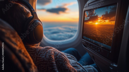 passenger with headphones sitting by the window on an airplane, traveling comfortably during the holiday season