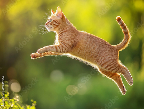 jumping cat isolated outdoor against green bokeh of trees and bushes