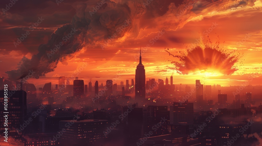 Fototapeta premium Twilight Cityscape with Silhouettes and Fiery Sky After Nuclear Explosion