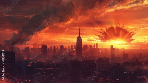 Twilight Cityscape with Silhouettes and Fiery Sky After Nuclear Explosion