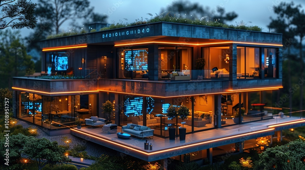 A 3D rendering of a futuristic home automation system. A 3D rendering of a futuristic home automation system.