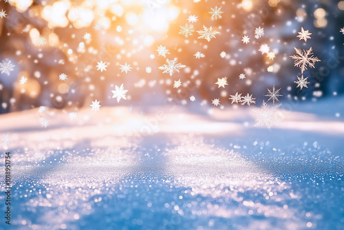 Winter snow background close up. Sunlight shining through winter forest with falling snowflakes and motion blur effect in cold natural beautiful landscape. banner format, copy space