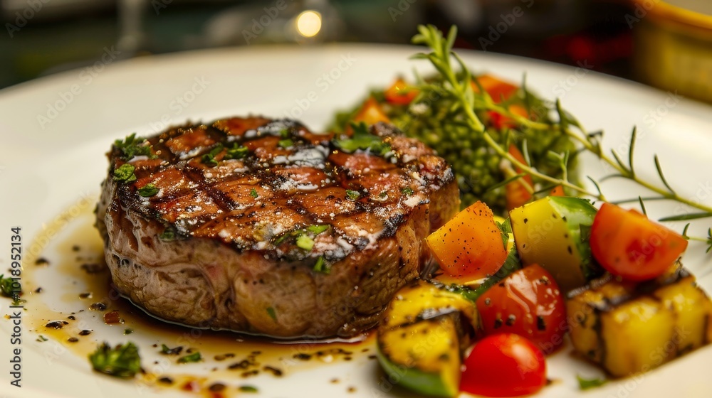 Exquisite steak presentation with charred crust and tender interior, elegantly plated with sides Exquisite steak presentation with charred crust and tender interior, elegantly plated with sides
