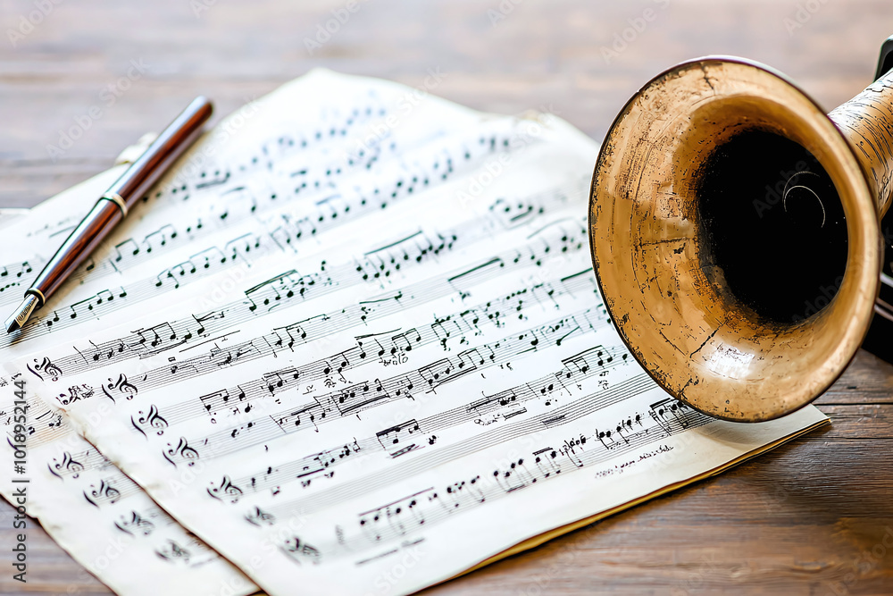 Naklejka premium an old phonograph horn speaker next to sheet music and a quill pen on a rustic desk