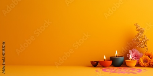 Diya burning lamp for Happy Diwali celebration. Indian Festival of lights minimalistic yellow wallpaper with bokeh effect. Deepavali concept with flowers and traditional hindu decor.