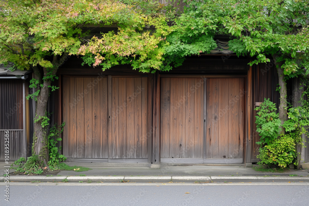 A pair of traditional wooden sliding doors, framed by vibrant green trees and foliage A pair of traditional wooden sliding doors, framed by vibrant green trees and foliage