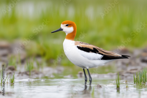 American avocet standing in shallow water, black and white plumage photo