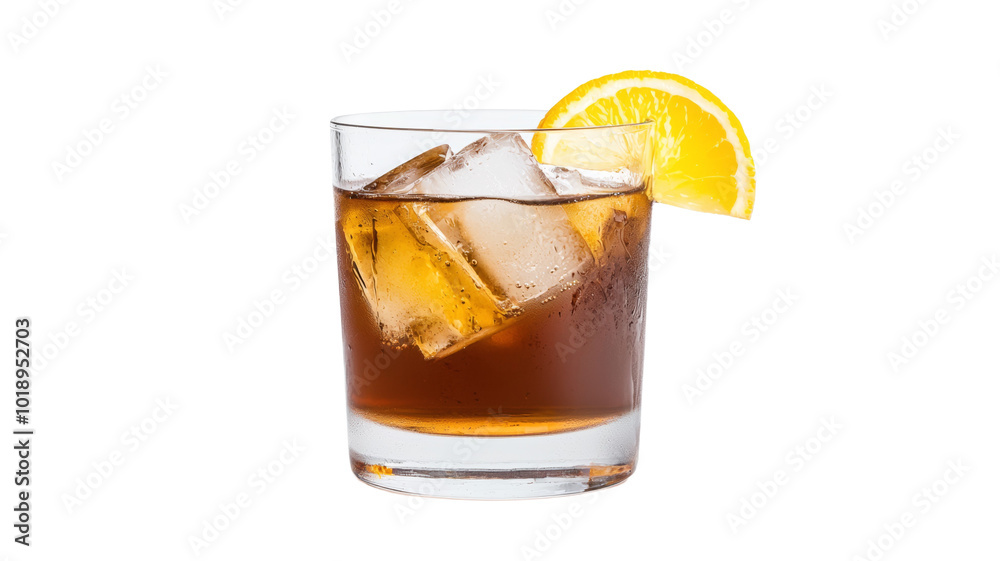 A glass of a drink with ice and a slice of orange on top A glass of a drink with ice and a slice of orange on top