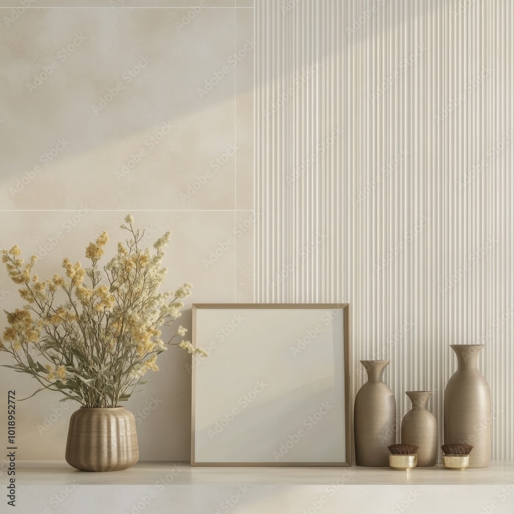 A white framed picture sits on a shelf next to a vase of flowers