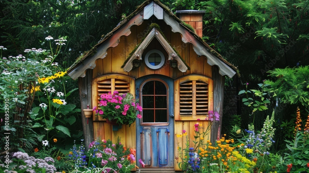 Rustic wooden playhouse surrounded by a colorful garden, featuring intricate woodwork and vibrant floral decorations. Rustic wooden playhouse surrounded by a colorful garden, featuring intricate woodwork and vibrant floral decorations.