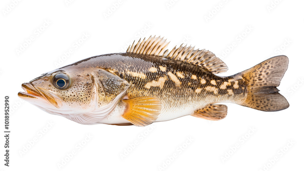 A fish with a blue eye and orange fins A fish with a blue eye and orange fins