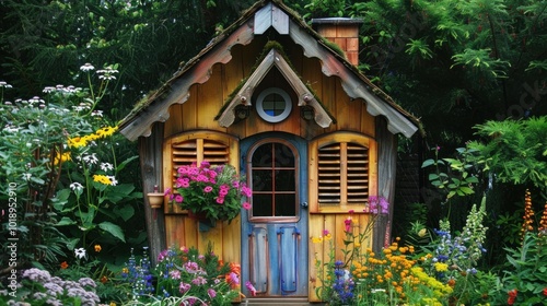 Rustic wooden playhouse surrounded by a colorful garden, featuring intricate woodwork and vibrant floral decorations.