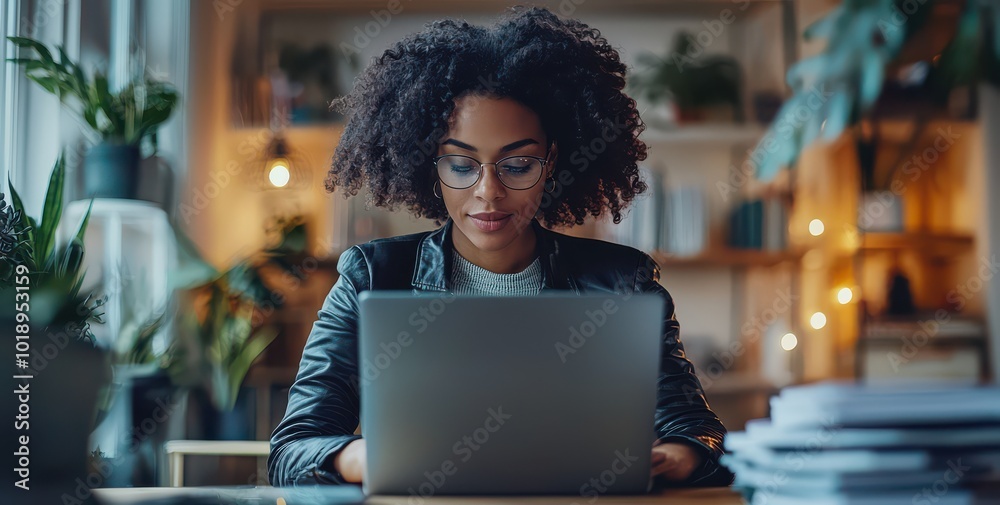 Confident woman in her thirties working at a desk with a laptop, wearing glasses and a brown jacket in a modern office setting