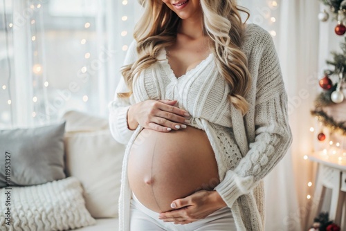 Free Download A young pregnant woman holding her tummy against the background of a Christmas tree. Close-up. A woman is preparing to become a mother. A gift for the new Year. Pregnancy and childbirth. - GFXLoad