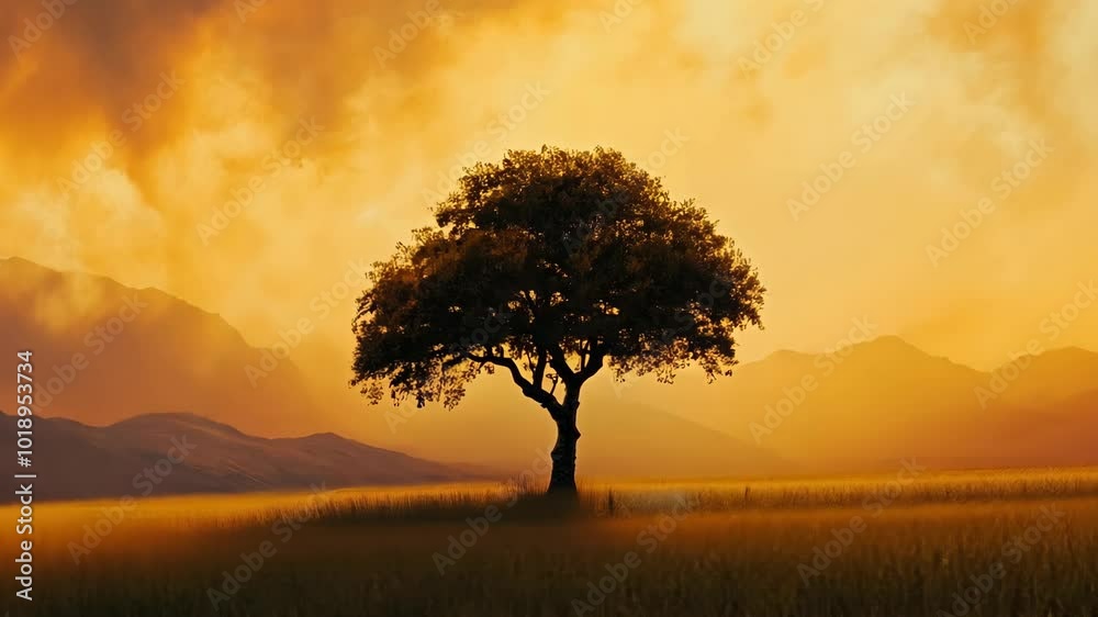 A lone tree stands tall in a field at sunset, with a backdrop of mountains