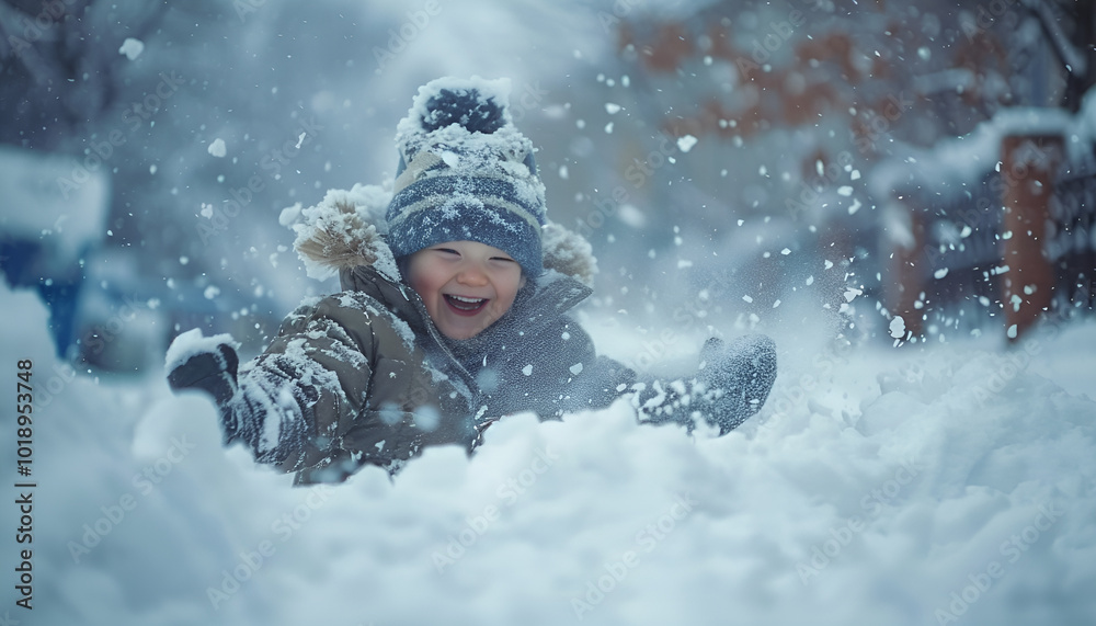 Winter photo of a child playing in the snow. The child is enjoying the winter scene. The child is playing outside against the winter background Winter photo of a child playing in the snow. The child is enjoying the winter scene. The child is playing outside against the winter background