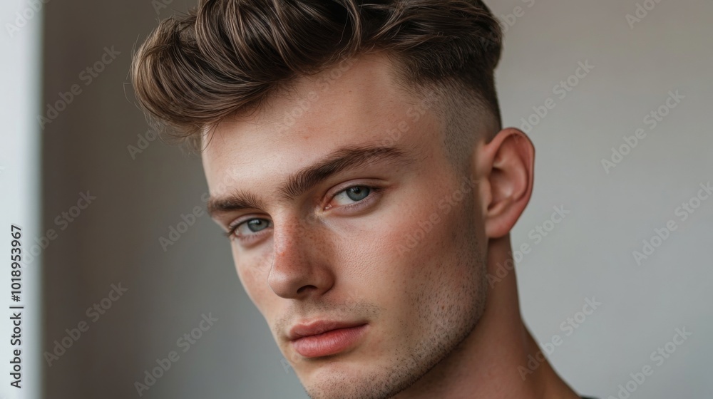 Young Man with Stylish Hair and Intense Gaze