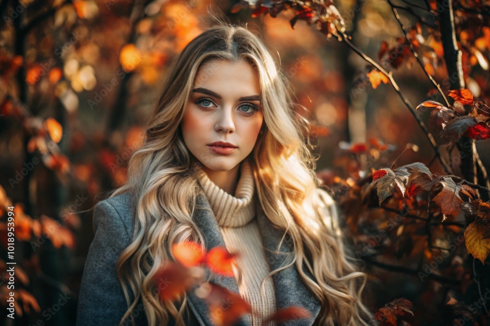 Autumn portrait. Close-up of a young blonde with expressive eyes in a knitted sweater. A beautiful girl in autumn foliage. Autumn portrait. Close-up of a young blonde with expressive eyes in a knitted sweater. A beautiful girl in autumn foliage.