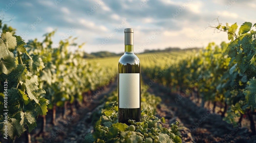 Fototapeta premium vineyard landscape with a white wine bottle mock-up, celebrating the natural origins of winemaking and the beauty of grape-filled fields, countryside, and the environment