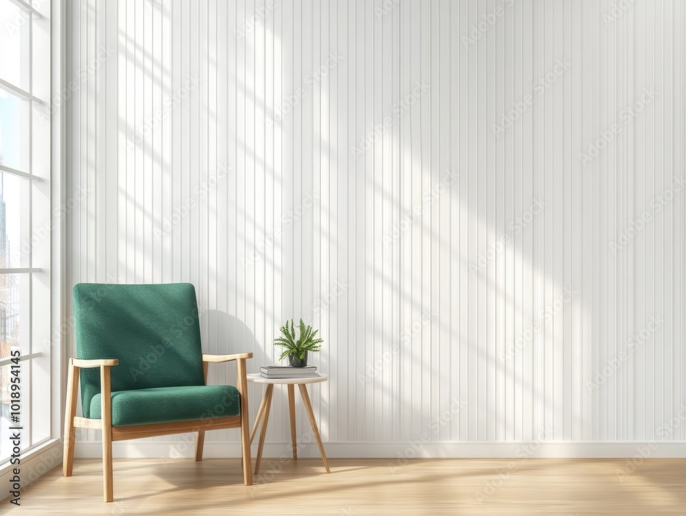 Fototapeta premium A green chair is sitting in front of a white wall