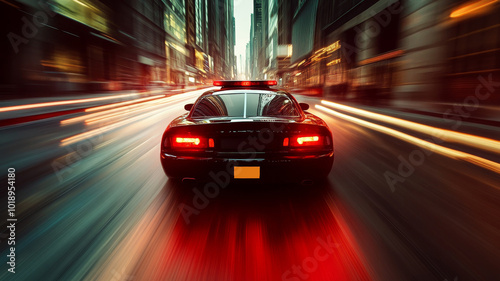 Police Car in High-Speed Chase Through City Streets with Motion Blur. Generative AI