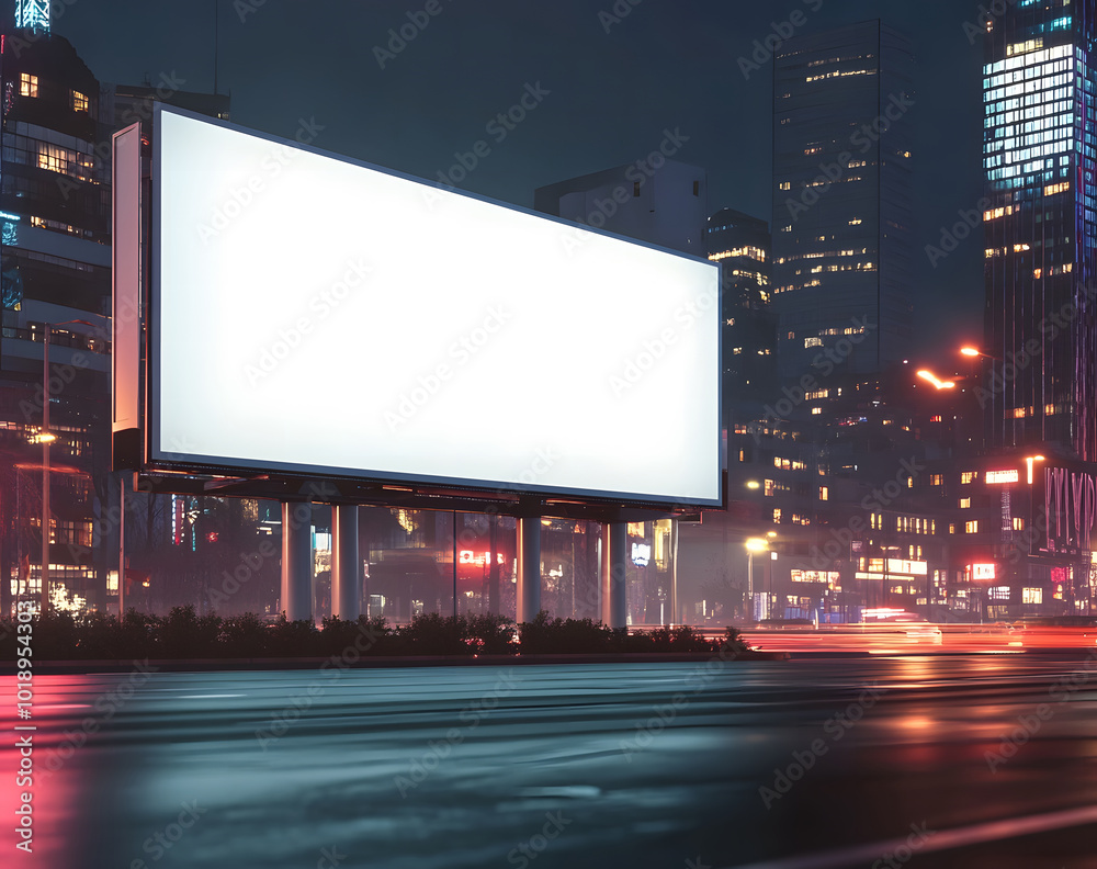 Blank Illuminated Billboard at Night in Cityscape Blank Illuminated Billboard at Night in Cityscape
