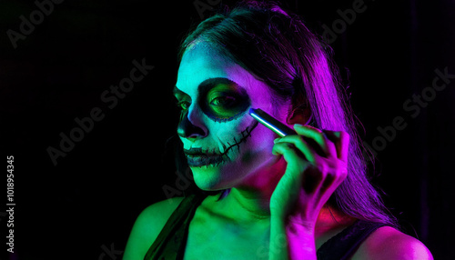 Portrait of a woman putting on Halloween makeup, solid black background with neon purple and green glowing lights