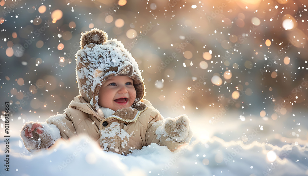 Winter photo of a child playing in the snow. The child is enjoying the winter scene. The child is playing outside against the winter background Winter photo of a child playing in the snow. The child is enjoying the winter scene. The child is playing outside against the winter background
