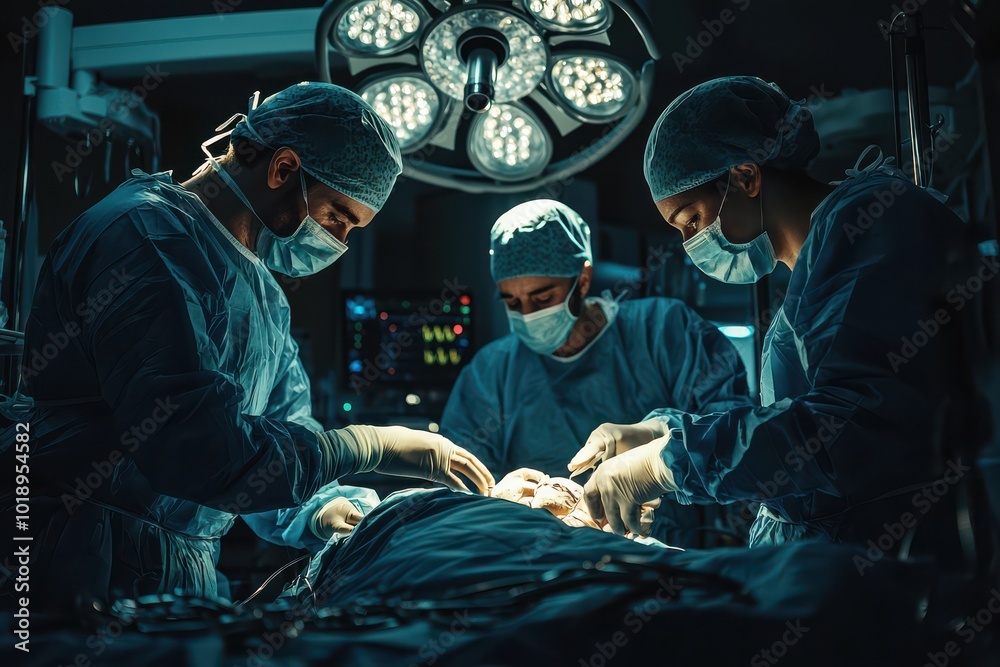Team of surgeons performing an operation in a well-equipped, atmospheric operating room with focused lighting Team of surgeons performing an operation in a well-equipped, atmospheric operating room with focused lighting