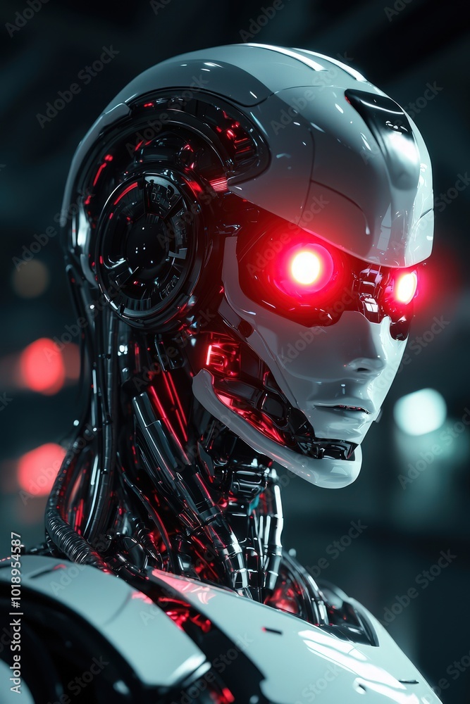 Fototapeta premium Futuristic robot with glowing red eyes, symbolizing advanced technology and artificial intelligence.