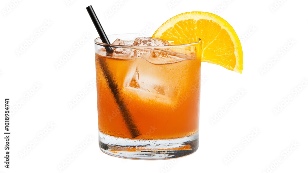 A glass of a drink with a straw and an orange slice on top A glass of a drink with a straw and an orange slice on top
