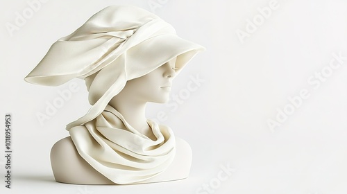 A stylish white hat and scarf displayed on a mannequin against a minimalist background, emphasizing elegance and fashion aesthetics.