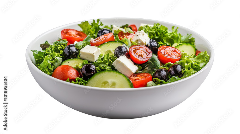 A white bowl filled with a salad of lettuce, tomatoes, cucumbers, and olives A white bowl filled with a salad of lettuce, tomatoes, cucumbers, and olives