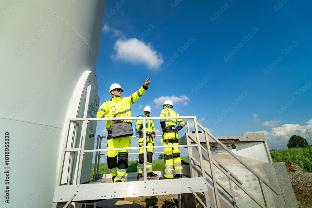 Electric engineer wearing Personal protective equipment working at wind turbines farm .  Wind turbine technicians doing wind turbine blade inspection with drone.