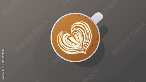 Heart pattern latte art vector illustration. Hot latte coffee in ceramic cup. top view. dark background. 
