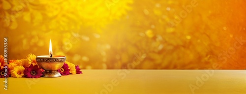Wide banner with burning Diya lamp on wooden table. Diwali or Deepavali Indian holiday concept with copy space at yellow background. Happy hindu festival of light backdrop with floral decor.
