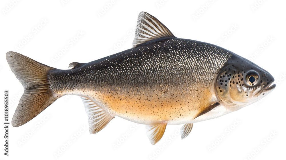 A fish with a black and brown body and a white belly A fish with a black and brown body and a white belly