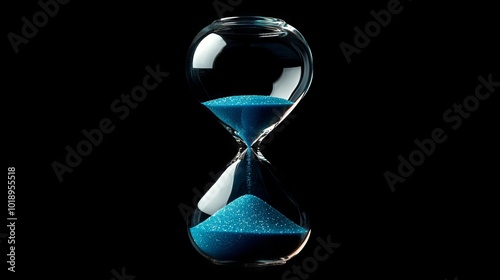 Hourglass is sand of time age, Life pour blue sand into hourglass to add more limited time. Deadline extended time management hope concept hour glass. Black background shadow life clock passing by 
