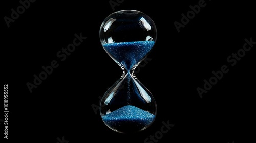 Hourglass is sand of time age, Life pour blue sand into hourglass to add more limited time. Deadline extended time management hope concept hour glass. Black background shadow life clock passing by 