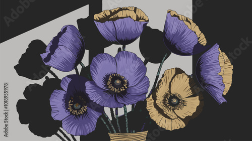 Bouquet of violet and gold poppies in chiaroscuro lighting, dramatic shadows.