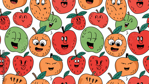 A hand-drawn seamless pattern of whimsical fruits, each with a unique personality, adding charm to a nursery.