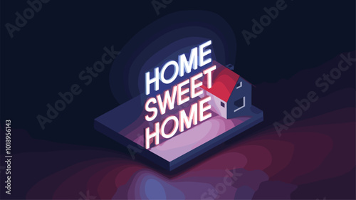 A minimalist composition featuring a neon light illuminating a digital 3D model of a house.
